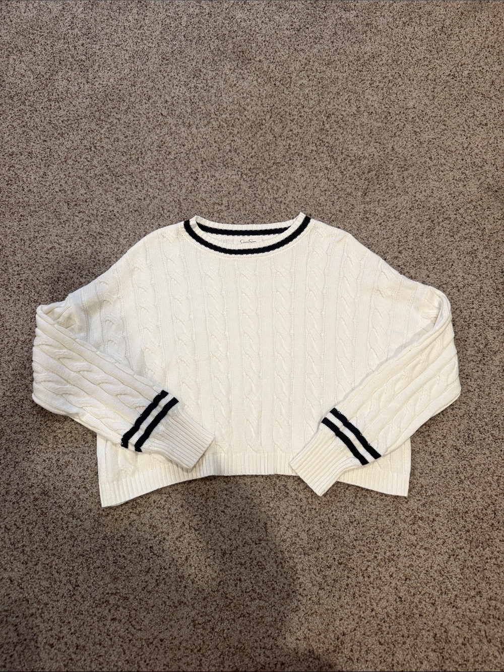 Cable Knit black and white Crewneck Sweater with Contrast Stripe